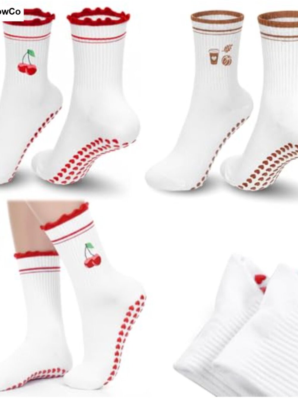 Crew Socks with Grips for Women Pilates Yoga Barre Non Slip Cotton Cherry Bow